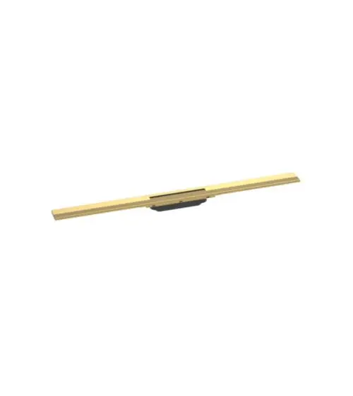 Duschrinne aus Metall mit einer polierten Gold-Optik, von Hansgrohe, zur Verwendung in Duschbereichen, flexibel kürzbar, montiert auf einem schwarzen Grundelement.